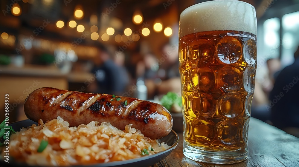 A plate of food with a sausage and a glass of beer A plate of food with a sausage and a glass of beer