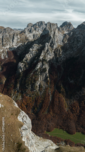 Rocky mountains in national park Prokletije in Montenegro in autumn season, aerial view. Breathtaking view of the mountain landscape. The Albanian Alps. photo