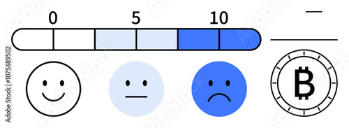Numeric rating bar from 0 to 10 with smiling, neutral, and sad faces. Bitcoin coin element. Ideal for customer feedback, sentiment analysis, market research, tech reviews, financial surveys, user