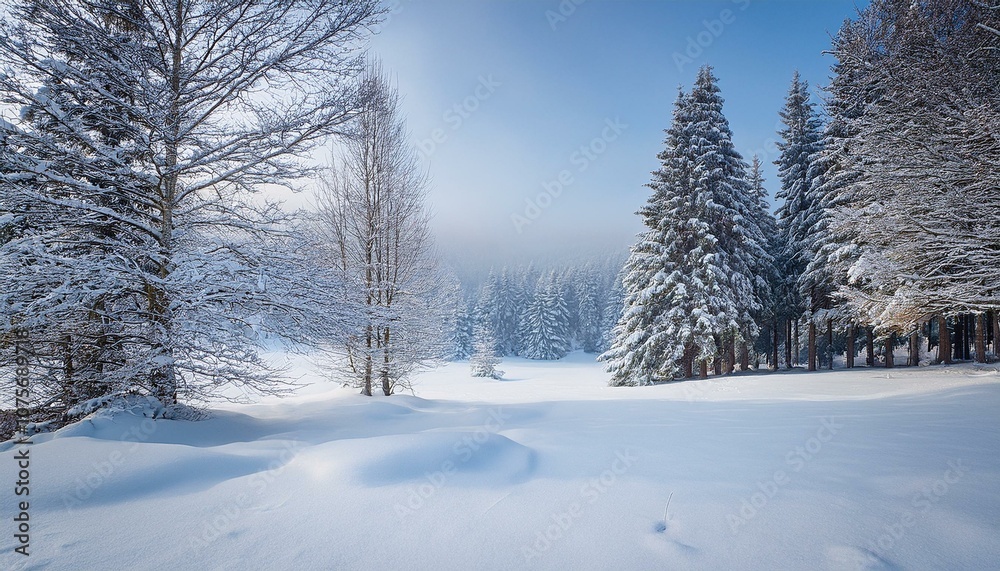 Fototapeta premium 雪が積もった静かな森。遠くの木々と広がる雪景色が、冬の穏やかな雰囲気を作り出すシンプルなデザイン。