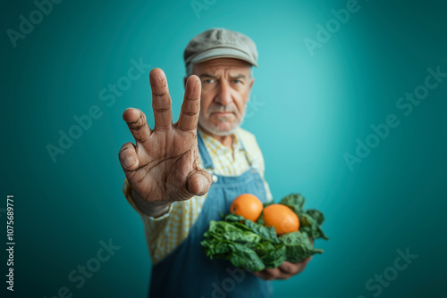 Elderly farmer with rugged hands and a serious expression holds fresh produce, protesting unfair labor laws affecting farmers. Blue overalls, beige cap. Teal background. Awareness poster. photo