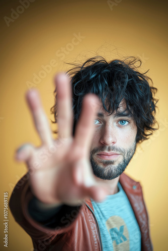 Young man with messy dark hair and blue eyes shows a stop gesture, expressing calm determination. Brown leather jacket, light blue shirt. Yellow background. Awareness poster. photo