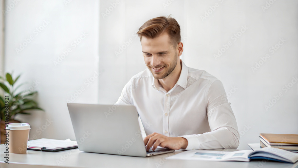Smiling businessman working on laptop in modern office setting Smiling businessman working on laptop in modern office setting