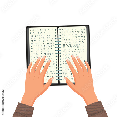 Hands reading Braille book flat vector illustration