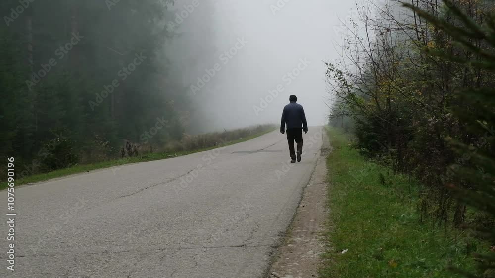 Man walking on road forest mist and fog Man walking on road forest mist and fog