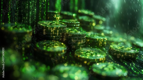 A pile of green coins with a shiny, metallic look