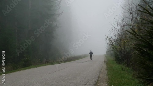Man walking on road forest mist and fog