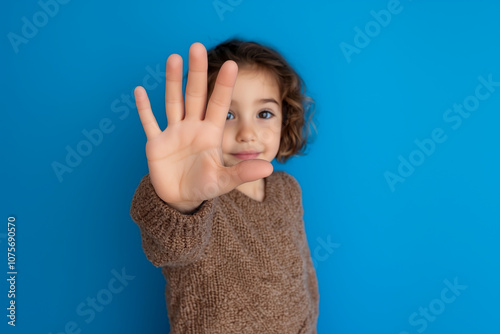 A young child with curly hair and light skin looks calmly at the camera. Stop gesture to protest against child abuse. Cozy brown sweater. Vibrant blue background. Awareness poster. photo