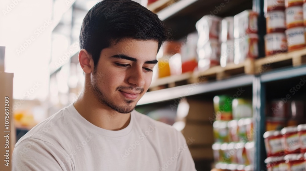 Volunteer helping at food bank young Hispanic man with short black hair bright day clean background  copy space