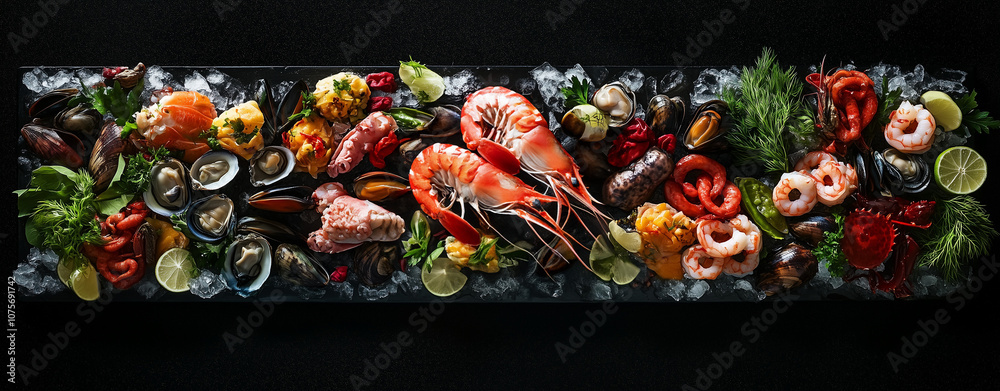 Naklejka premium Seafood Banner - Top View of Red Lobster, Red Crab, Shrimp, Octopus, Mussels, Oysters, Clams, Prawns, Lime Wedges, Dill Sprigs, and Green Onion Accents on Ice, Black Background