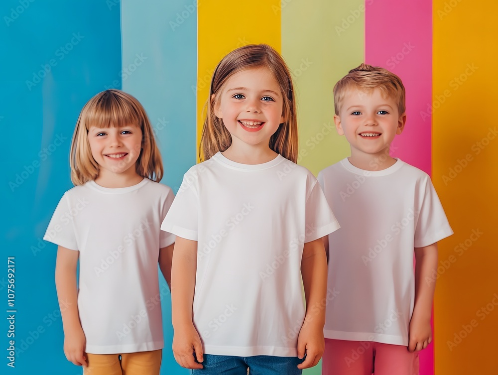 Little boys and girls wearing white t-shirts standing Little boys and girls wearing white t-shirts standing