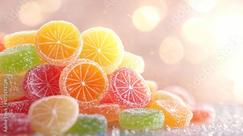  Candies sit atop table; Oranges, lemons nearby