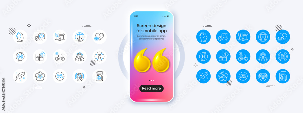 Naklejka premium Documentation, Natural linen and Magistrates court line icons. Phone mockup with 3d quotation icon. Pack of Money currency, Puzzle, Winner ribbon icon. Inclusion, Like, Fake news pictogram. Vector
