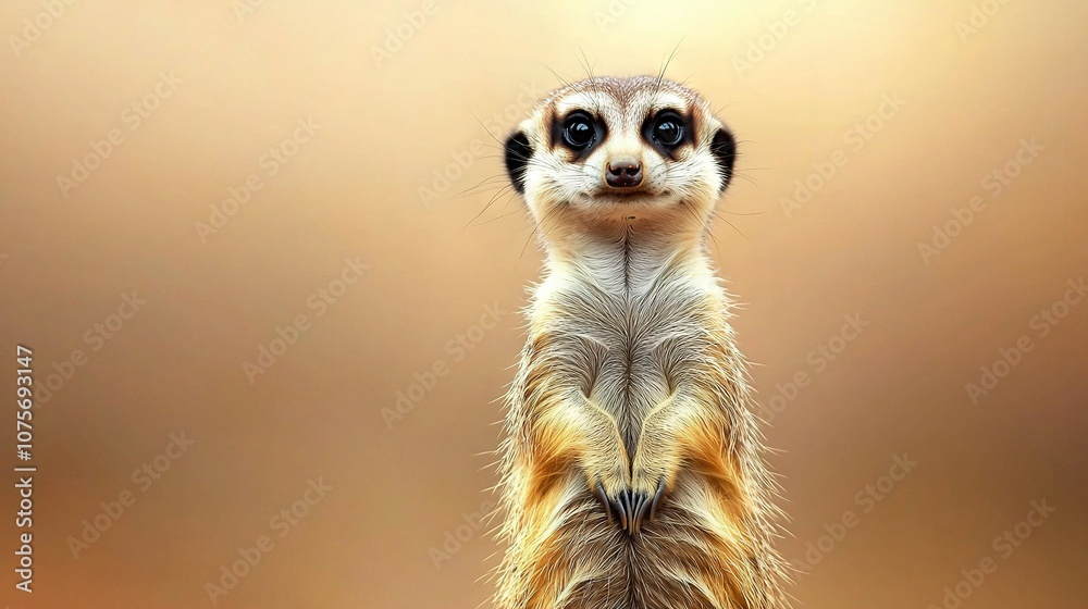 Fototapeta premium Meerkat on hind legs, folding front paws, wide-open eyes
