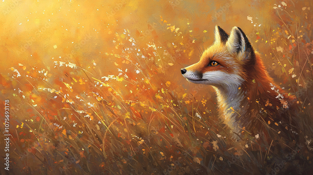 A red fox stands amidst tall grass, surrounded by yellow and orange flowers in the background of a painting A red fox stands amidst tall grass, surrounded by yellow and orange flowers in the background of a painting