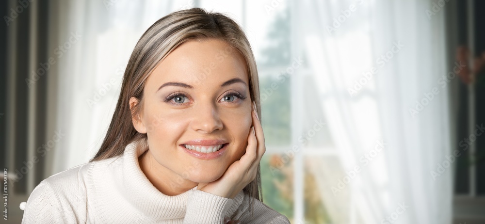 Happy young woman thinking, positive concept Happy young woman thinking, positive concept