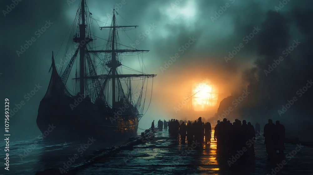 A group of people are walking on a pier next to a large ship