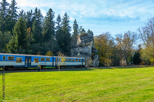train at Adrspach railway station near national reserve Adrspach-Teplice Rocks. Czech Republic