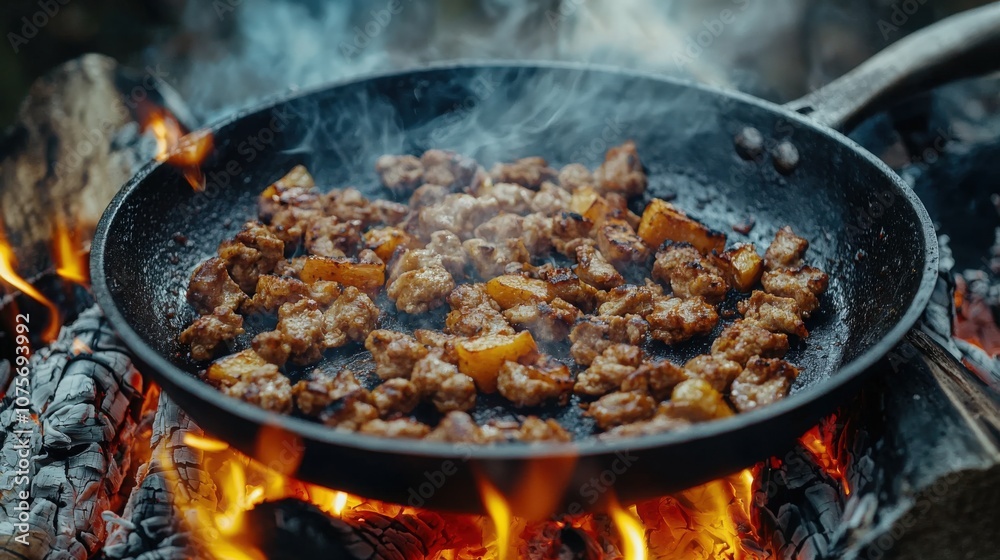 Cooking meat and vegetables on an open fire with smoke rising in a forest setting Cooking meat and vegetables on an open fire with smoke rising in a forest setting