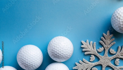 Winter golfing banner, golf ball and snow flake background with space for copy photo