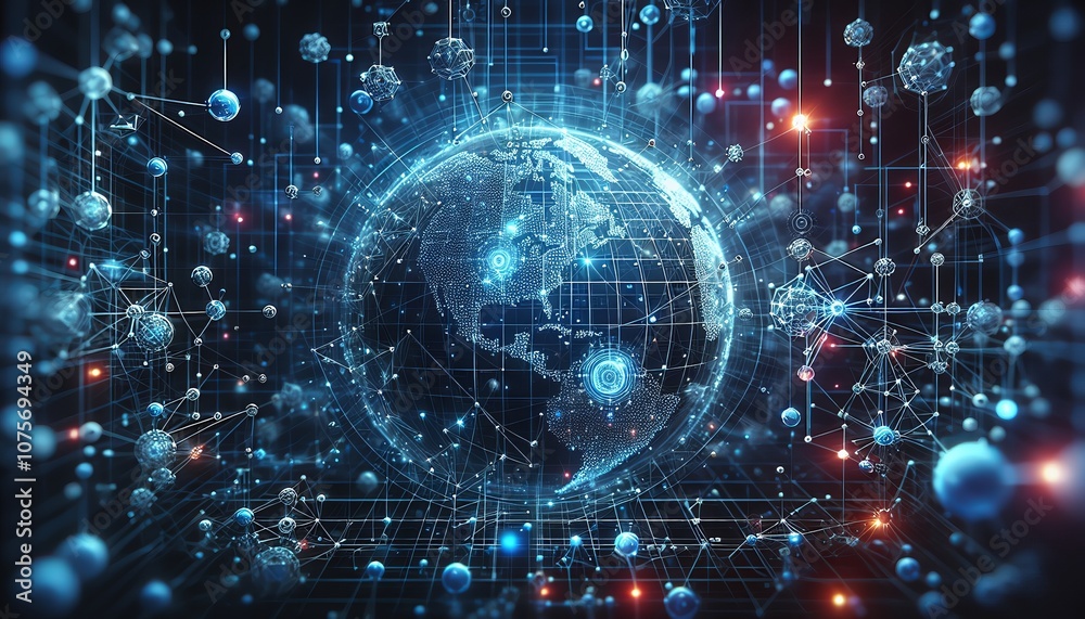 Fototapeta premium A digital globe surrounded by interconnected nodes and lines, representing global communication and technology.