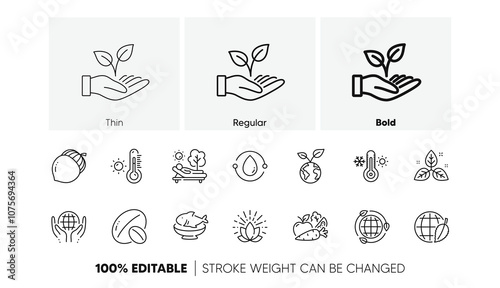 Vegetables, Eco energy and Environment day line icons. Pack of Lounger, Cold-pressed oil, Weather thermometer icon. Thermometer, Seafood, Helping hand pictogram. Fair trade, Lotus. Line icons. Vector photo