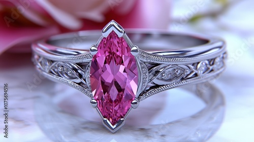 A delicate marquise cut pink gemstone sits in a silver setting with intricate design details.