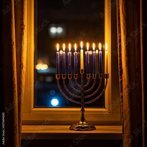 Hanukkah Menorah with Blue and White Candles photo