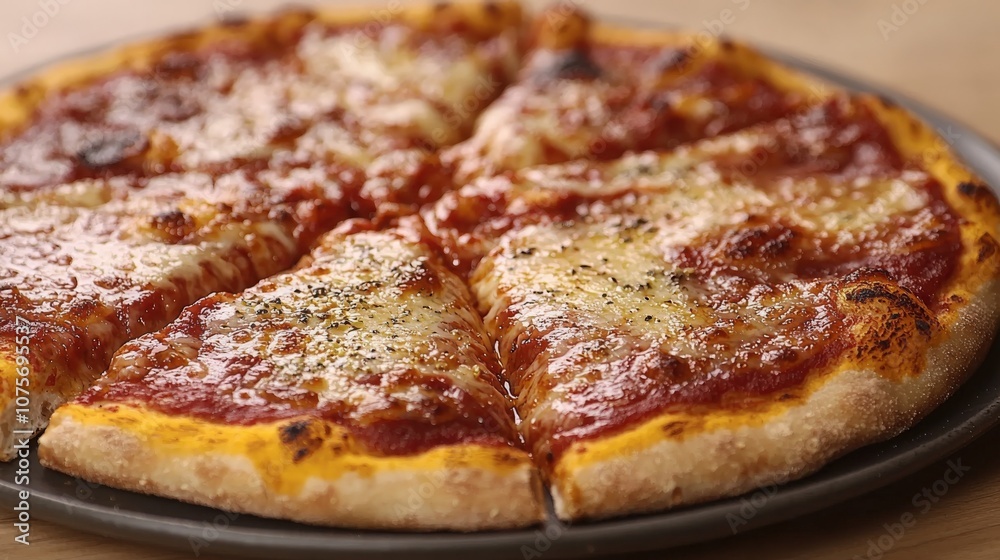 Delicious cheese pizza with crispy crust served on a round tray at a casual eatery Delicious cheese pizza with crispy crust served on a round tray at a casual eatery