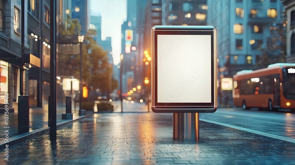Blank digital billboard on a futuristic bus stop, appealing to urban tech-savvy audiences.

