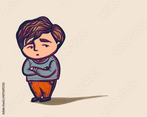 A cartoon boy with a frowning face and crossed arms