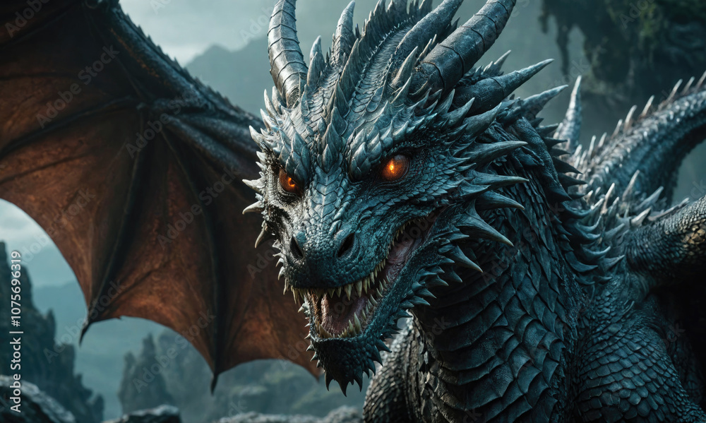 A large, blue dragon with sharp teeth and glowing orange eyes stands in a rocky landscape A large, blue dragon with sharp teeth and glowing orange eyes stands in a rocky landscape