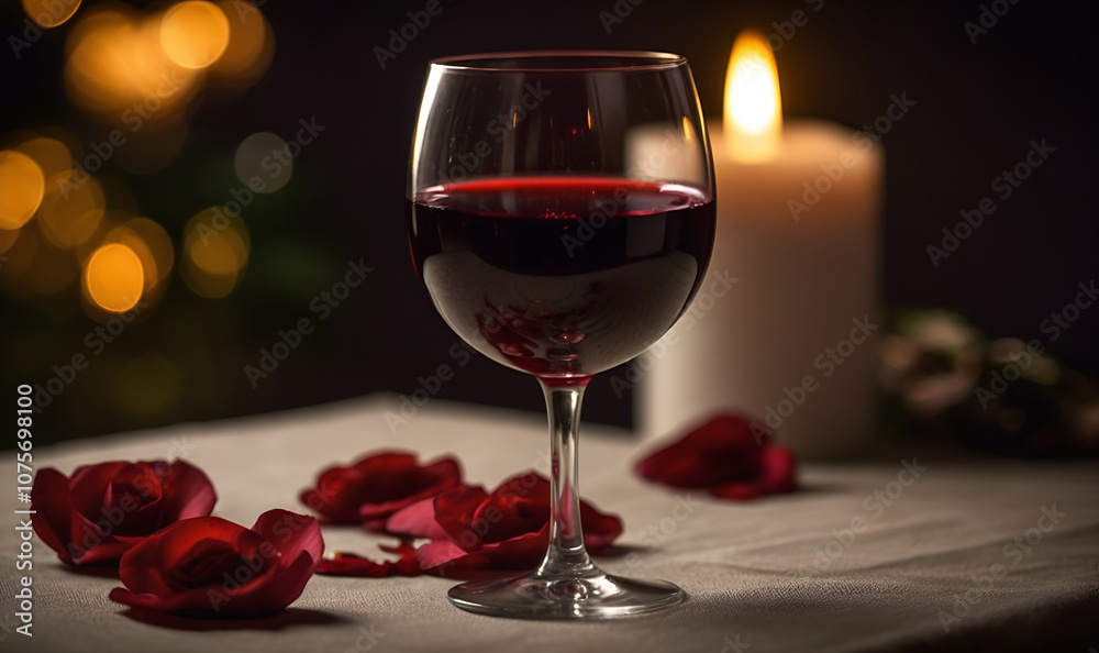 Rose petals around the wine glass, soft light and cozy Rose petals around the wine glass, soft light and cozy