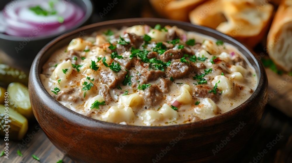 A bowl of food with meat and potatoes in it A bowl of food with meat and potatoes in it