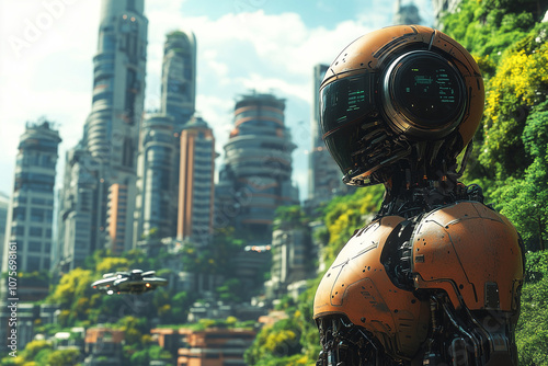 A detailed humanoid robot stands in a futuristic city, interacting with drones amid lush greenery in a vibrant urban landscape