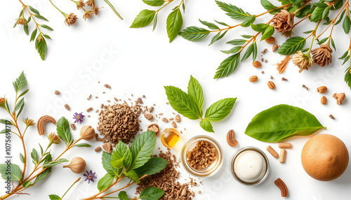 Herbal formulations for health care - herbs and drugs on white background with white shades, png photo