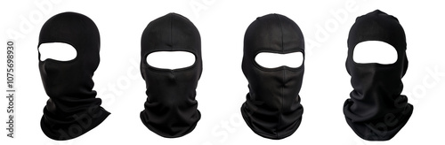  Set of Black Balaclavas Isolated on Transparent Background. Winter Sports, Cold Weather Protection, Anonymity, Thief, Criminal Concept. PNG Image. photo