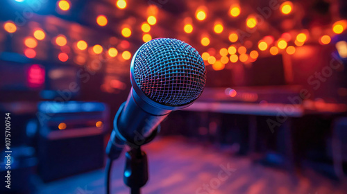 Close-up of a microphone on stage in a dimly lit club, with blurred colorful lights in the background. The atmosphere suggests live music or karaoke nigh