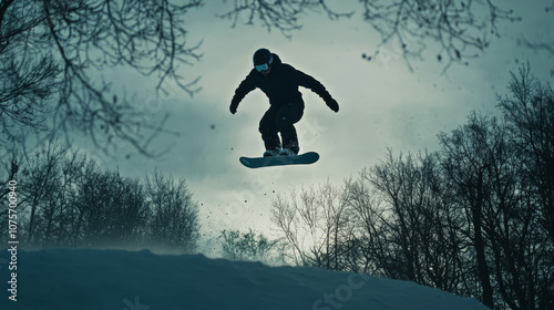 Snowboarder in the air during an impressive jump in the park.