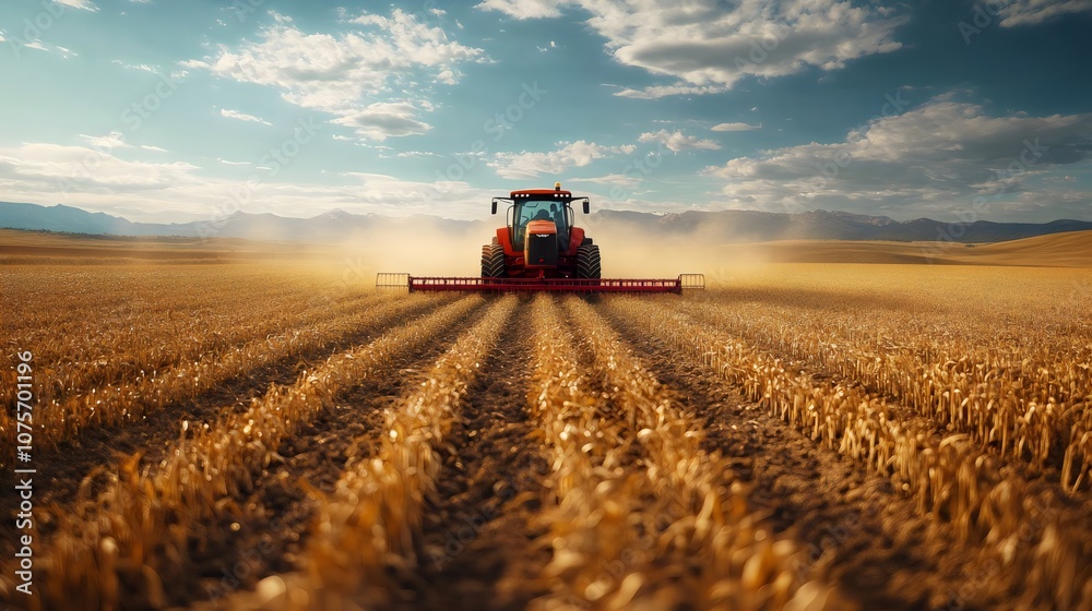 A tractor is driving through a field of corn A tractor is driving through a field of corn
