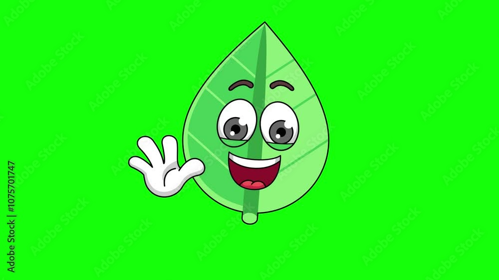 Waving hand animation of a leaf cartoon, mascot character on green screen