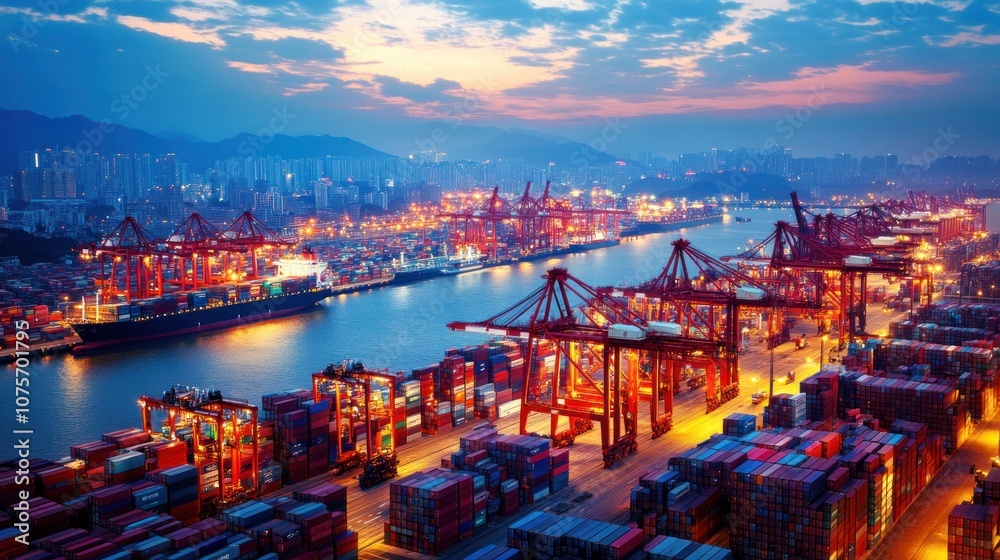 Naklejka premium A bustling port at dusk, filled with cargo containers and cranes, showcasing industrial activity.