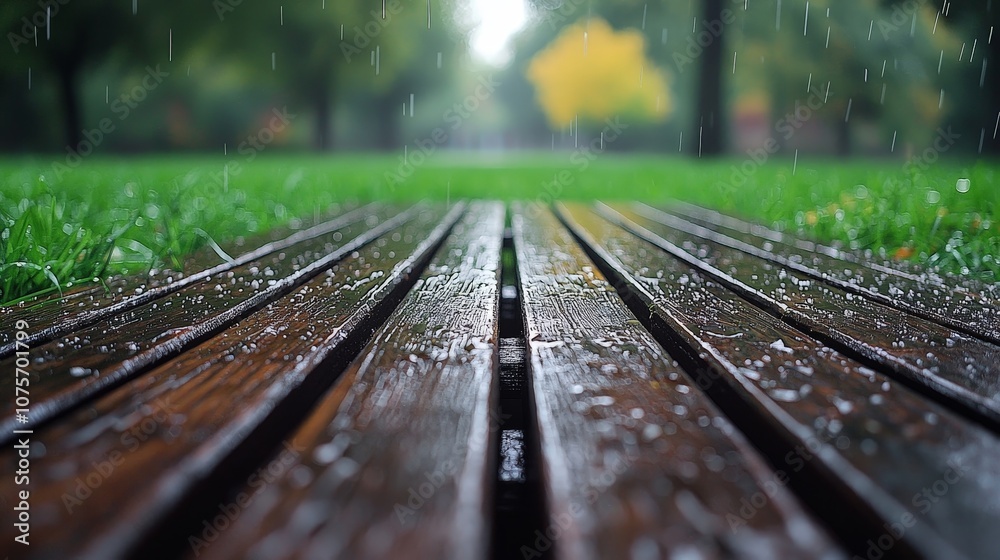 Rain falling on wooden planks in a serene park setting, creating a tranquil atmosphere. Rain falling on wooden planks in a serene park setting, creating a tranquil atmosphere.