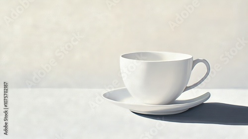  White coffee cup on saucer on table, beside wall