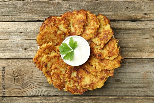 Delicious potato pancakes, sour cream and parsley on wooden table, top view photo