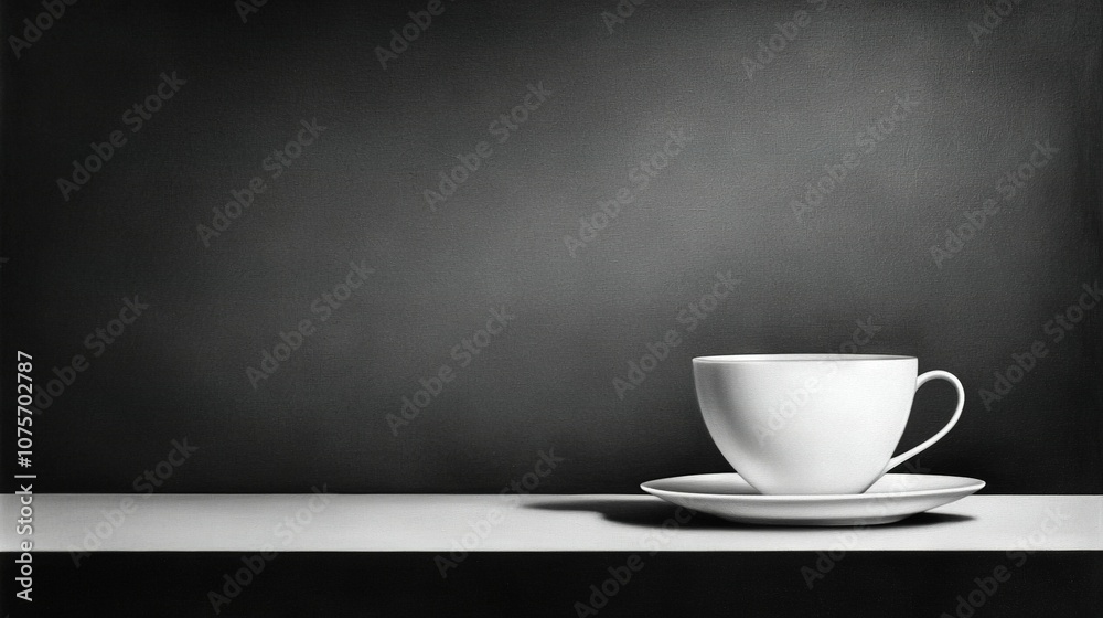 Fototapeta premium A monochromatic image of a coffee mug and plate sitting on a white table against a black backdrop