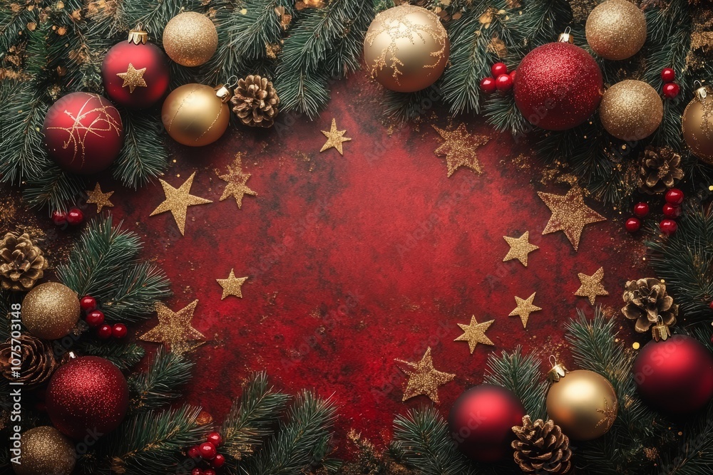 Christmas background with red and gold decorations, stars, and pine branches on a red backdrop Christmas background with red and gold decorations, stars, and pine branches on a red backdrop
