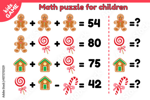 Christmas math kids puzzle game. Educational counting worksheet for preschool, school education children. Mathematical holiday activities page. Cartoon gingerbread, Xmas lollipops, candy cane. Vector.