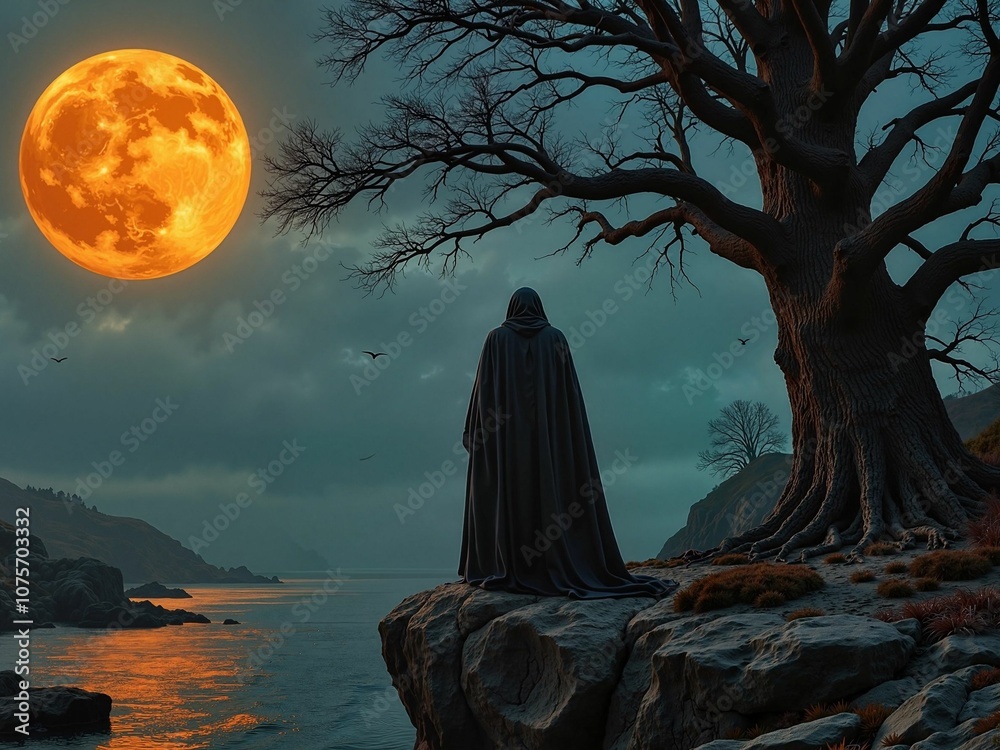 Mysterious Hooded Figure Under Full Moon by Rocky Coastline at Dusk