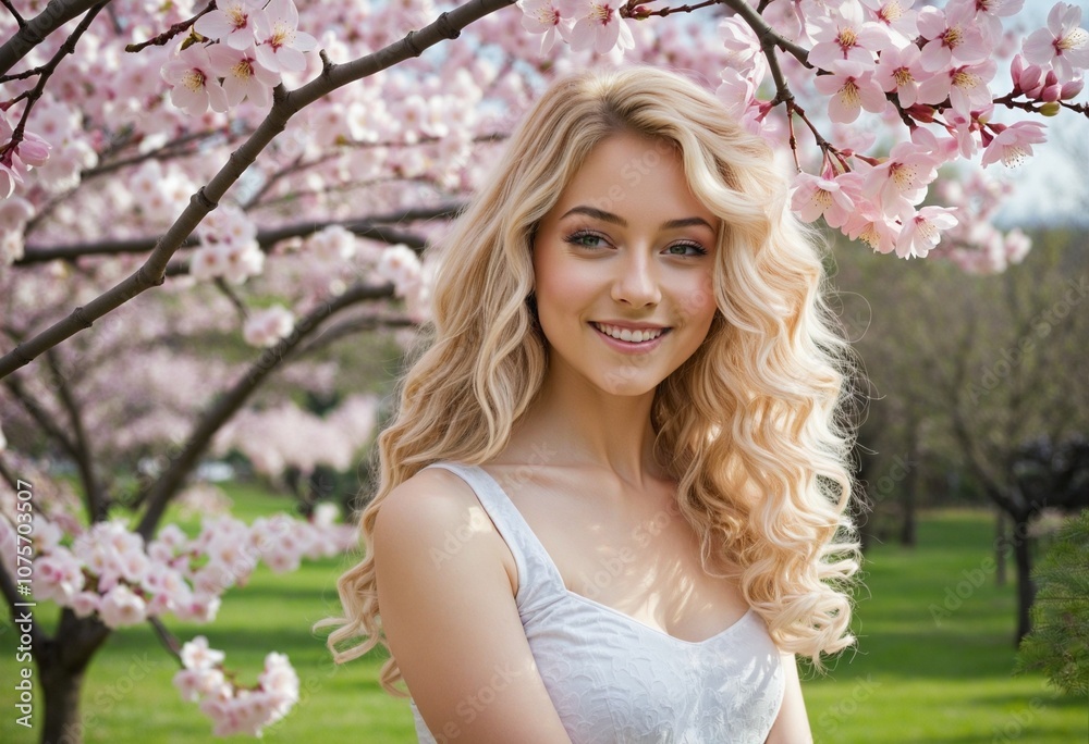 Blossoming Beauty: A Sensual Spring Portrait of a Happy Girl Amidst Cherry Blossoms Blossoming Beauty: A Sensual Spring Portrait of a Happy Girl Amidst Cherry Blossoms